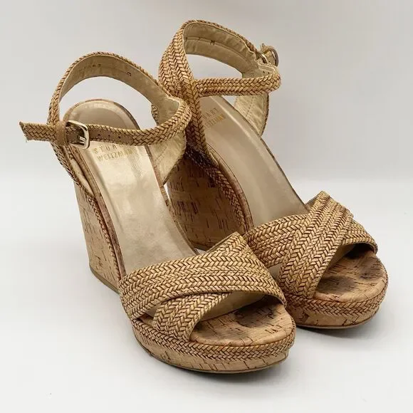 Stuart Weitzman Minx Tan Woven Leather Ankle Strap Cork Wedge Sandals Women’s 7 - Picture 2 of 16